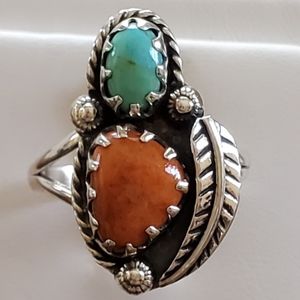 Genuine Coral & Blue Mojave Turquoise Ring 9.5